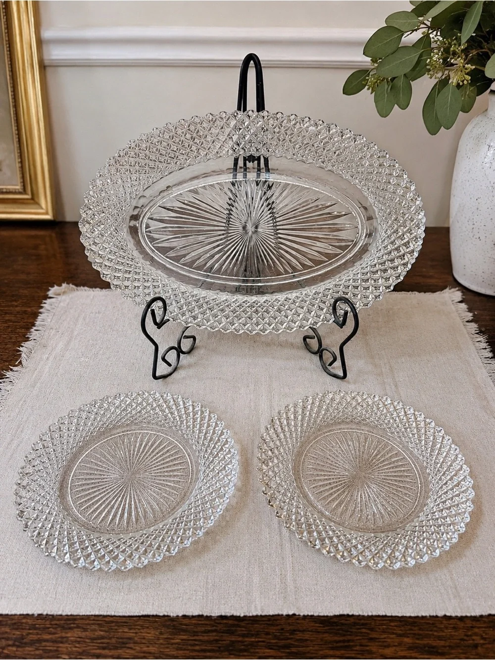 Vintage Clear Pressed Glass Diamond Point Sunburst Serving Set 3 Pieces